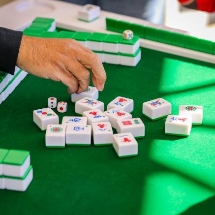 A hand holding a mahjong tile over a green table