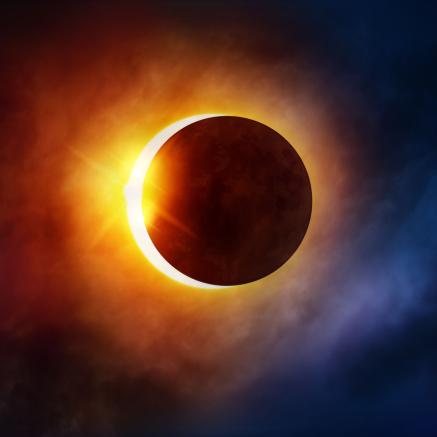 Photographic image of moon covering sun total solar eclipse
