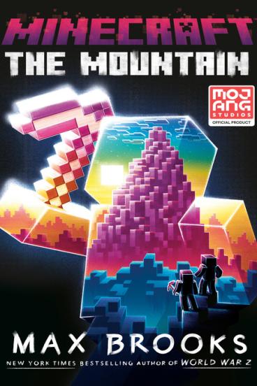 Book Cover of The Mountain, featuring a multicolor, pixelated Minecraft mountain and two figures gazing up at its summit, one of them holding a pick