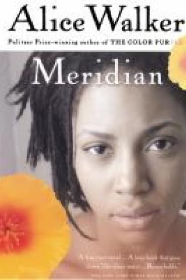 Book Cover of Meridian, featuring a close up portrait of a young black woman and two red-orange blossoms
