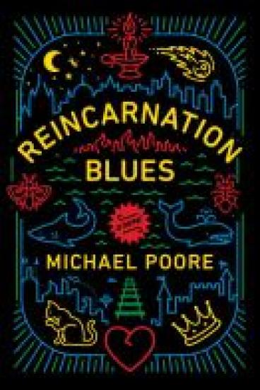 Book Cover for Reincarnation Blues, featuring the title and simple blue, red, yellow, and green linework designs against a black background, depicting waves, a city skyline, a shark and whale, a cat and a crown, a candle and a comet