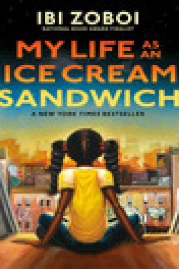 Book Cover of My Life as an Ice Cream Sandwich, featuring a bright painting that looks on from behind as a black girl with pigtails sits crosslegged and gazes out over the city from a large window