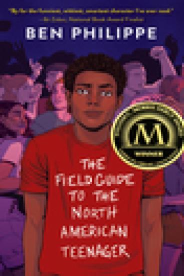 Book Cover of The field guide to the North American Teenager, featuring a painting of the main character at a party, a crowd dancing in the background, with his hands in his pockets and the title of the book written on his red tshirt