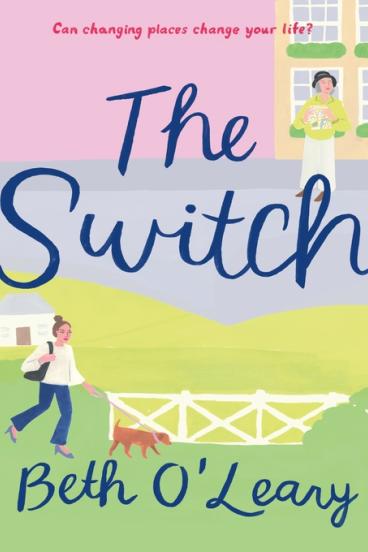 Book Cover of The Switch, featuring a simple pastel painting of the main characters, the granddaughter walking a dog in the country while the grandmother stands on an urban street