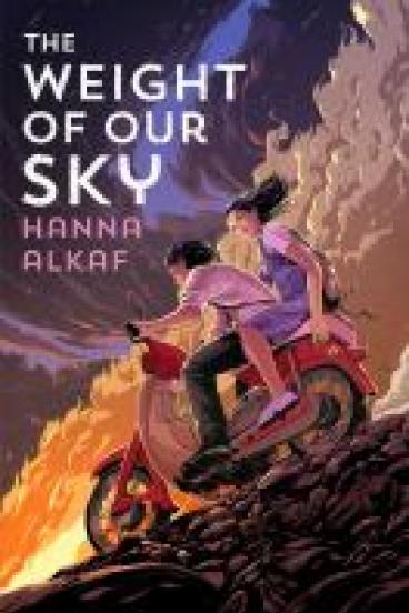 book cover for the weight of our sky, featuring two main characters riding a motorcycle beneath a stormy sky
