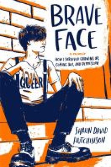 Book cover for Brave face featuring a blue white and orange drawing of the main character sitting down and leaning against a brick wall