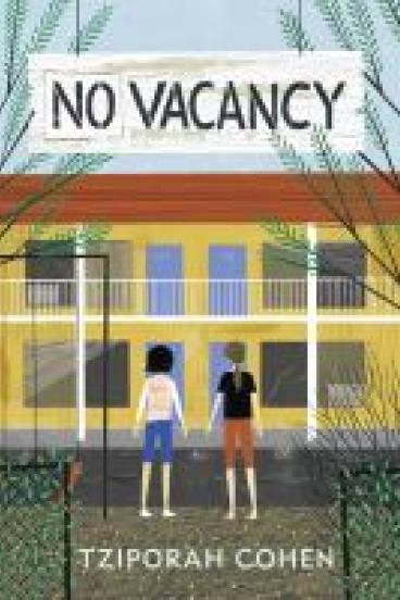 book cover for No vacancy, featuring an illustration of two kids looking at the front of a yellow motel