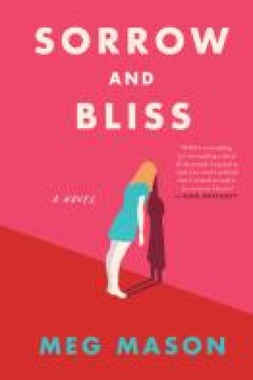 Book Cover for Sorrow and Bliss, featuring a woman in a blue dress leaning her head against a pink wall