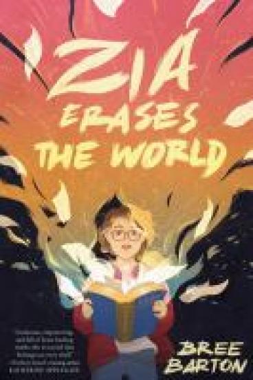 Book cover for Zia erases the world, featuring the main character staring into a mysterious book casting light across her face
