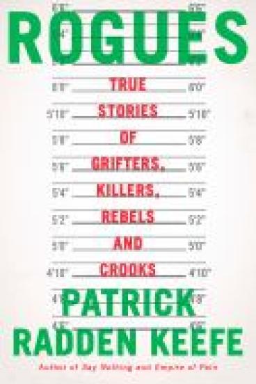 Book cover for Rogues: True Stories of Grifters, Killers, Rebels and Crooks, featuring the title in green lettering with the subtitle in red lettering over a mug shot height chart
