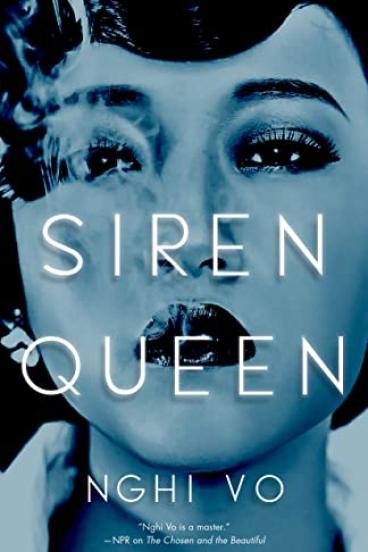Book cover for Siren Queen, featuring a blue tinted black and white photo of a woman's face in elegant 1920s makeup