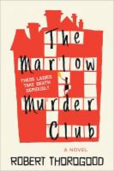Book cover for the Marlow Murder Club, featuring the silhouette of a house in red, with the shape of a crossword forming its windows, filled with the letters of the title 