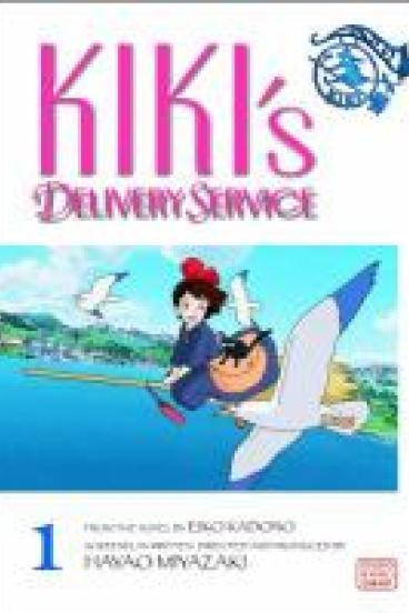 Book Cover for Kiki's Delivery Service, featuring the title in pink against a white background, and below that a manga style drawing of a little witch riding a broom above a body of water, surrounded by seagulls
