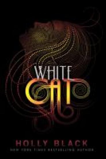 Book Cover for White Cat, featuring a black background, the title in a curling font of white and gold, and the glowing profile of a face looking upwards