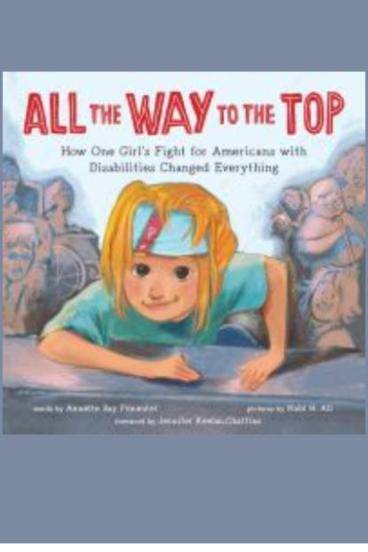Book cover for all th way to the top, featuring a blond child with a headband pulling themself up over a wall