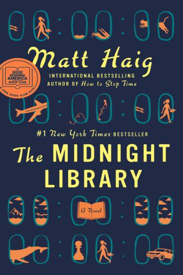 Book Cover for The Midnight Library, featuring a deep blue background and simple sillhouette drawings of many portholes each with different views behind them