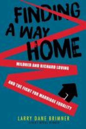 Book cover for Finding a Way Home, featuring a blue background, the title in bold black letters, and a red zig zagging line in the form of a stylized road leading to the silhouette of a house