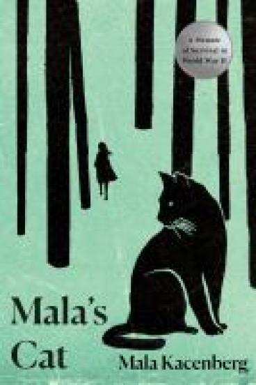 Book Cover for Mala's Cat, featuring a mint green background and simple, stylized black sillouettes of tree trunks and a cat