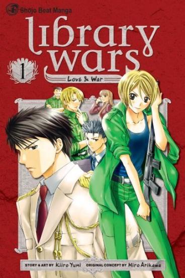 Book Cover for Library Wars Vol. 1, featuring anime/manga style art with a blond girl in a green suit and a black haired man in a tan suit, with several characters in the background behind them