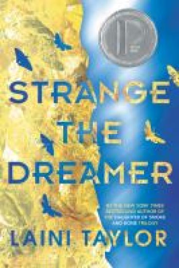 book cover for Strange the Dreamer, featuring a split-down-the-middle blue and gold cover, with feathers falling across it