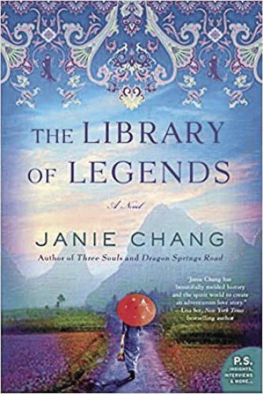book cover for the Library of Legends, featuring a blue-tinged photo of a woman carrying a red parasol walking towards distant mountains