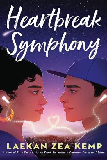 book cover for Heartbreak Symphony, featuring an illustration mainly in purples and browns of a teen girl and boy facing each other and sharing a pair of headphones