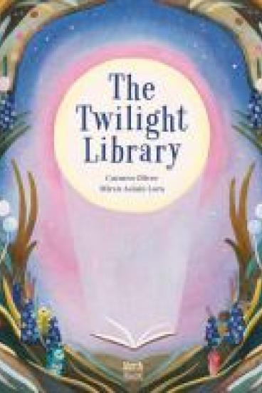 Book Cover of The Twilight Library featuring an stylized and elegantly simple painting centering a full moon surrounded by a twilit sleepy town and various townsfolk