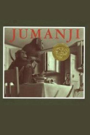 book cover for Jumanji, featuring a deep green border, the title in red letters, and an illustration of a girl entering a kitchen to find a pair of raucous chimps on the table
