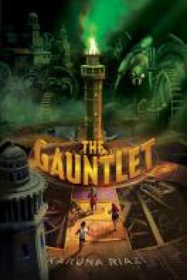 Book Cover for the Gauntlet, featuring an illustration of three kids running towards a tower in the center of a giant clockwork cityscape