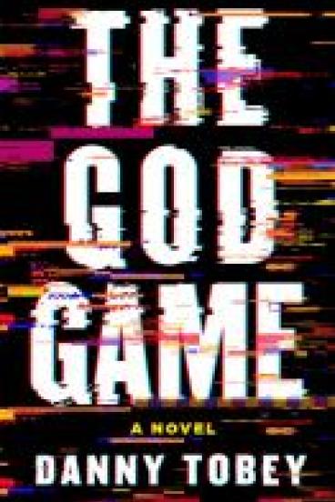 Book Cover for the God Game, featuring the title in white capital letters, with a glitch effect distorting the type, smearing pink and orange pixels across the words