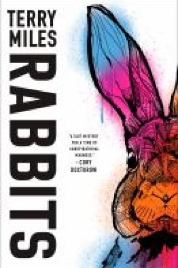 book cover for Rabbits, featuring the title printed vertically along the book's left side, and a blue, pink, and orange watercolor painting of a rabbit's face along the right side