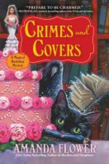 book cover for Crimes and Covers, featuring an illustration of a pink wedding cake with a black cat, a floating book, and a raven peaking out from behind it