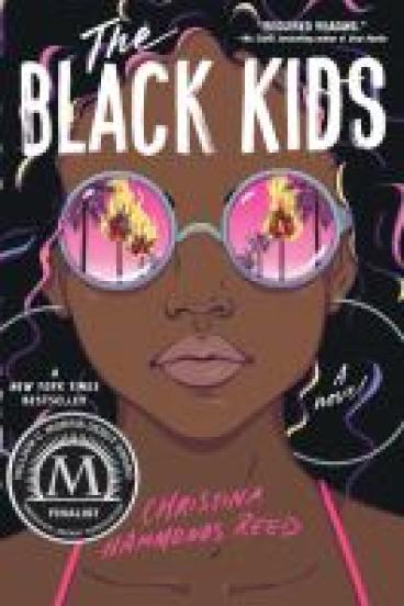 book cover for The Black Kids, featuring a close  up illustration of a black girl's face wearing round sunglasses with pink sky and palm trees reflected in them