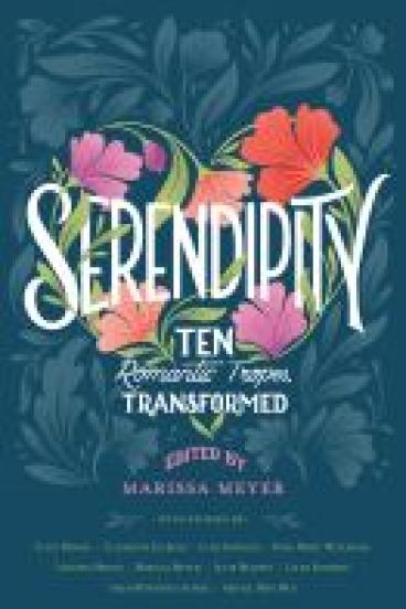 Bok cover for Serendipity, featuring the title with a burst of colorful flowers behind it, against a muted floral print blue background