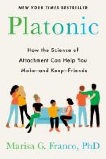 Book cover for Platonic, featuring a blocky and colorful illustration of various people standing and sitting while chatting