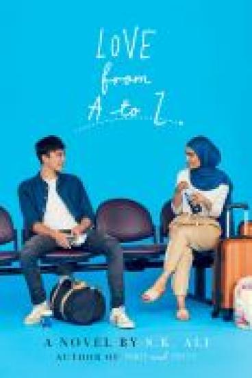 book cover for Love from A to Z, featuring an electric blue background and a photo of two teens looking at each other on a park bench. One wears a headscarf