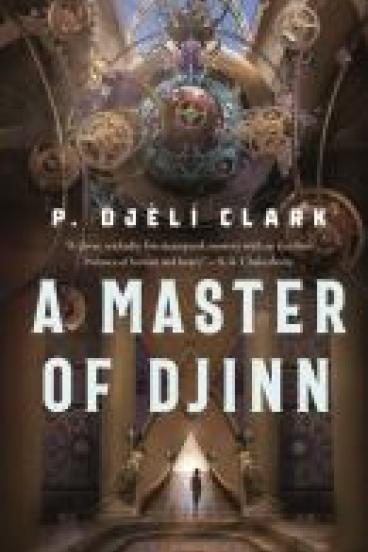 book cover for A Master of Djinn, featuring an illustration of a silhouetted figure entering an artful and high ceilinged temple