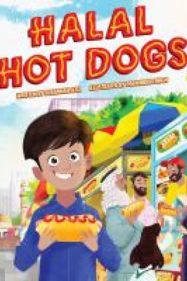 book cover for Halal Hot Dogs, featuring a cartoon illustration of a young boy smiling with a hot dog while his family enjoys an outdoor festival behind him