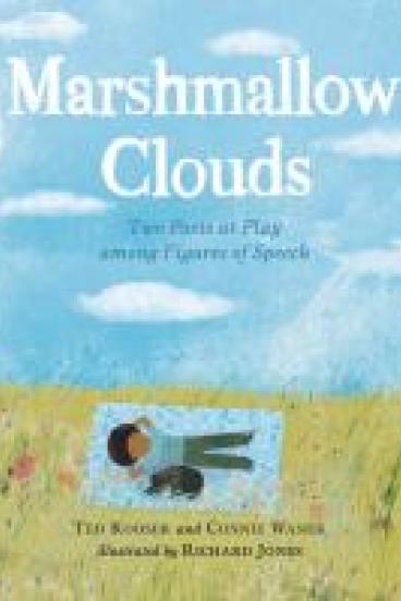 book cover for Marshmallow Clouds, featuring an illustration of a young boy laying on a blanket in a grassy feild looking at the clouds in the sky