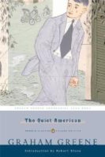 Book Cover for The Quiet American, featuring a color sketch of a man in a gray suit