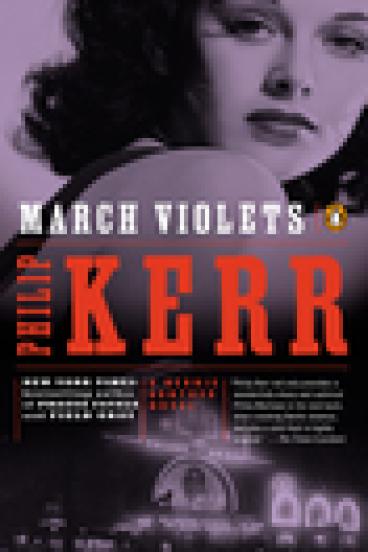 Book Cover for March violets, featuring a portrait in shades of violet of a women with 1940s style hair and makeup