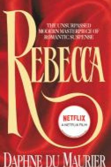 Book Cover for Rebecca, featuring a red satin background and the title in curvy font