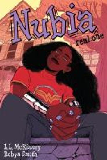 Book Cover for Nubia Real One, featuring a comics-style illustration, drawn at a low angle, of a black girl sitting down, feet planted wide and gaze pointing up
