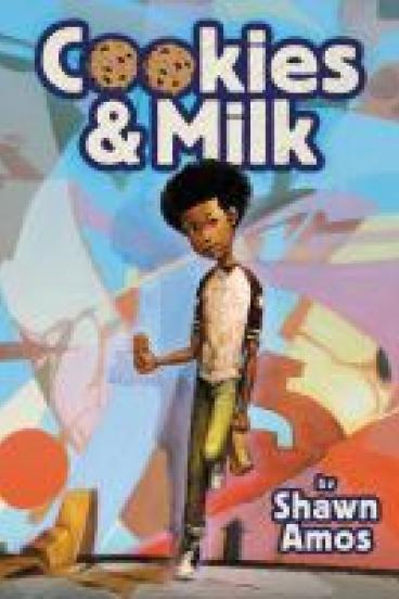 book cover for Cookies and Milk, featuring an illustration of a black boy holding a cookie and a brown paper lunch sack, with a riot of colors behind him