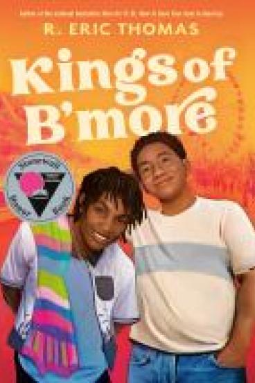 book cover of Kings of B'More, featuring a realistic illustration of two black teens, against a background of yellow orange