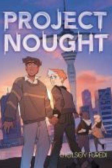 Book cover for Project Nought, featuring a comics style illustration of two boys in a futuristic city scape