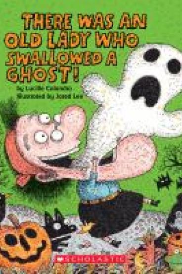 book cover for There was an old lady who swallowed a ghost!  featuring an illustration of an old lady eating a ghost