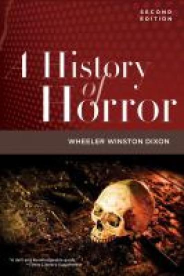 book cover for a History of horror, featuring a horizontally split image with the title against a background of red with lighter red dots, and the lower part of the image showing a photograph of an aged skull on a dirty black wood floor