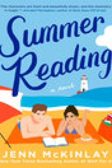 Book cover for Summer Reading, featuring a brightly colored illustration of two people lying on a towel at the beach, poring over an open book together