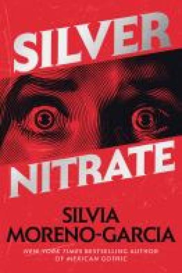 Book cover for Silver Nitrate, featuring a solid red background with a diagonal stripe of a grayscale photograph across the center, with the background's red shining through in the photo's highlights.  The photograph is an old school hollywood style close up of a pair of wide and frightened eyes. 